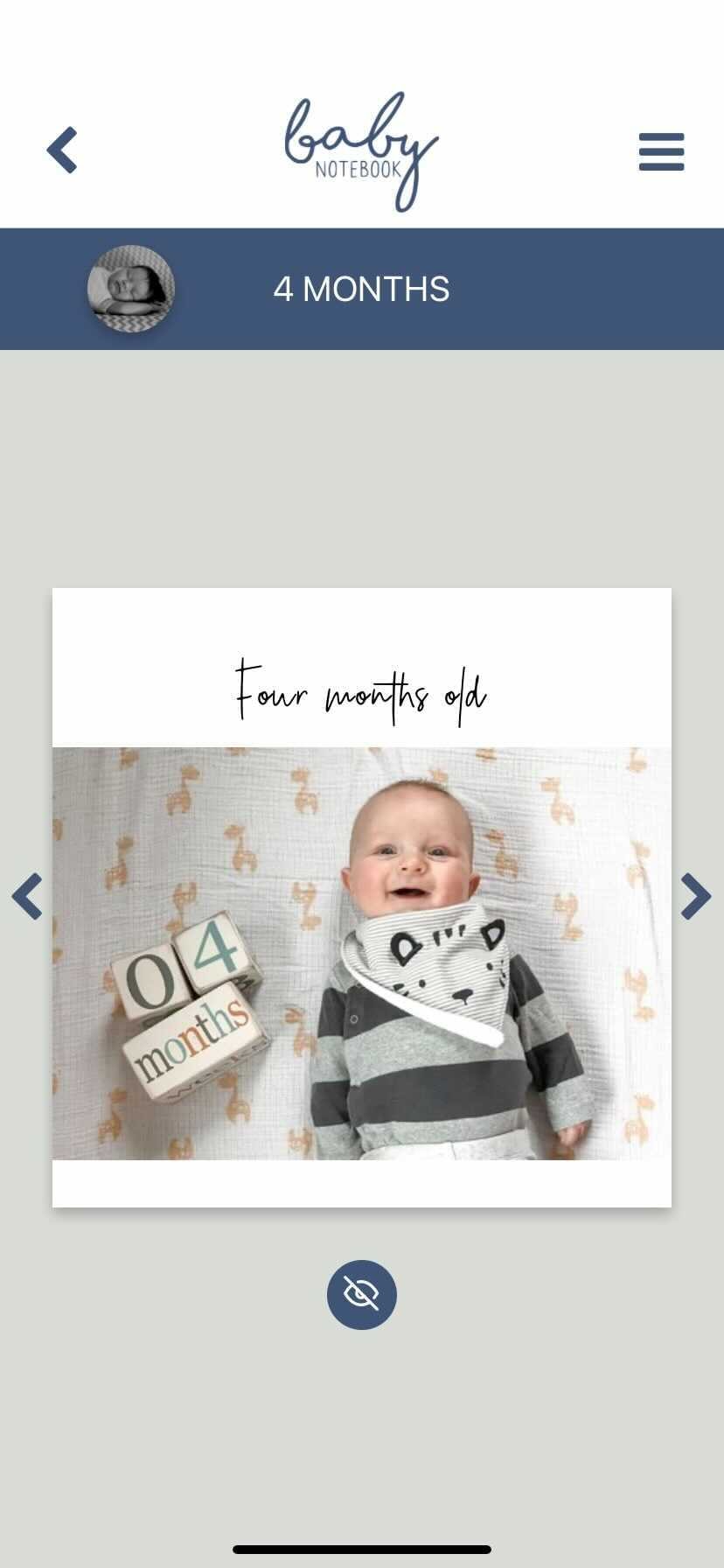 Phone screenshot of 4-month-old page of the baby's first year book in the baby book app