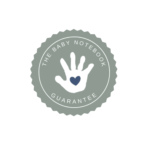 Seal of the baby notebook app guarantee, a teal circle with white handprint and navy heart